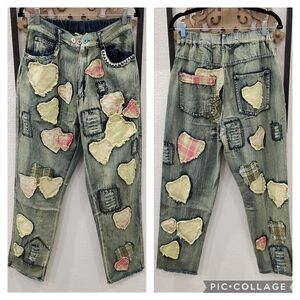 Blue Velvet Patchwork Heart Distressed Jeans